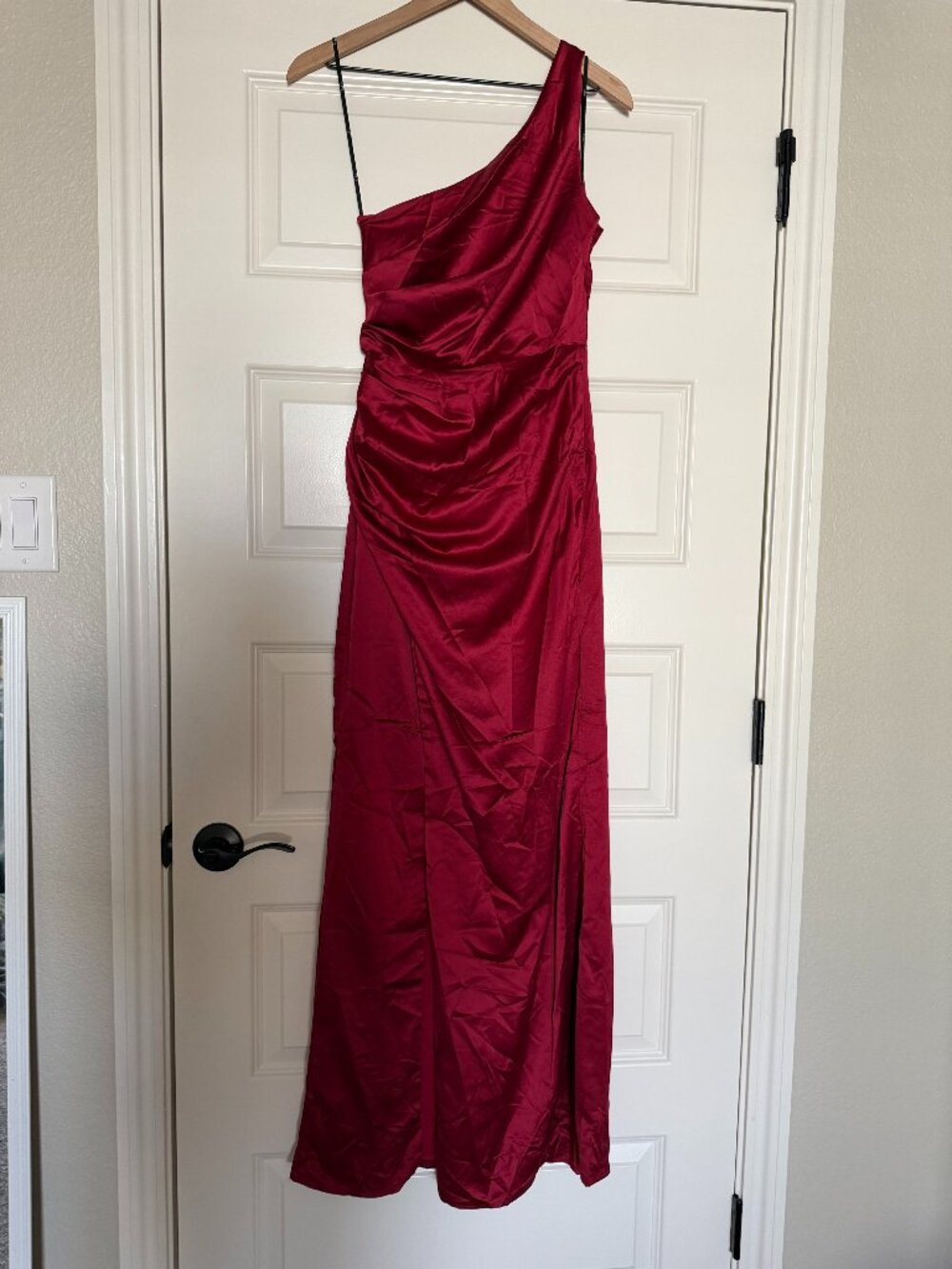 Dreaming of Elegance Wine Red Satin One-Shoulder Maxi Dress- XS